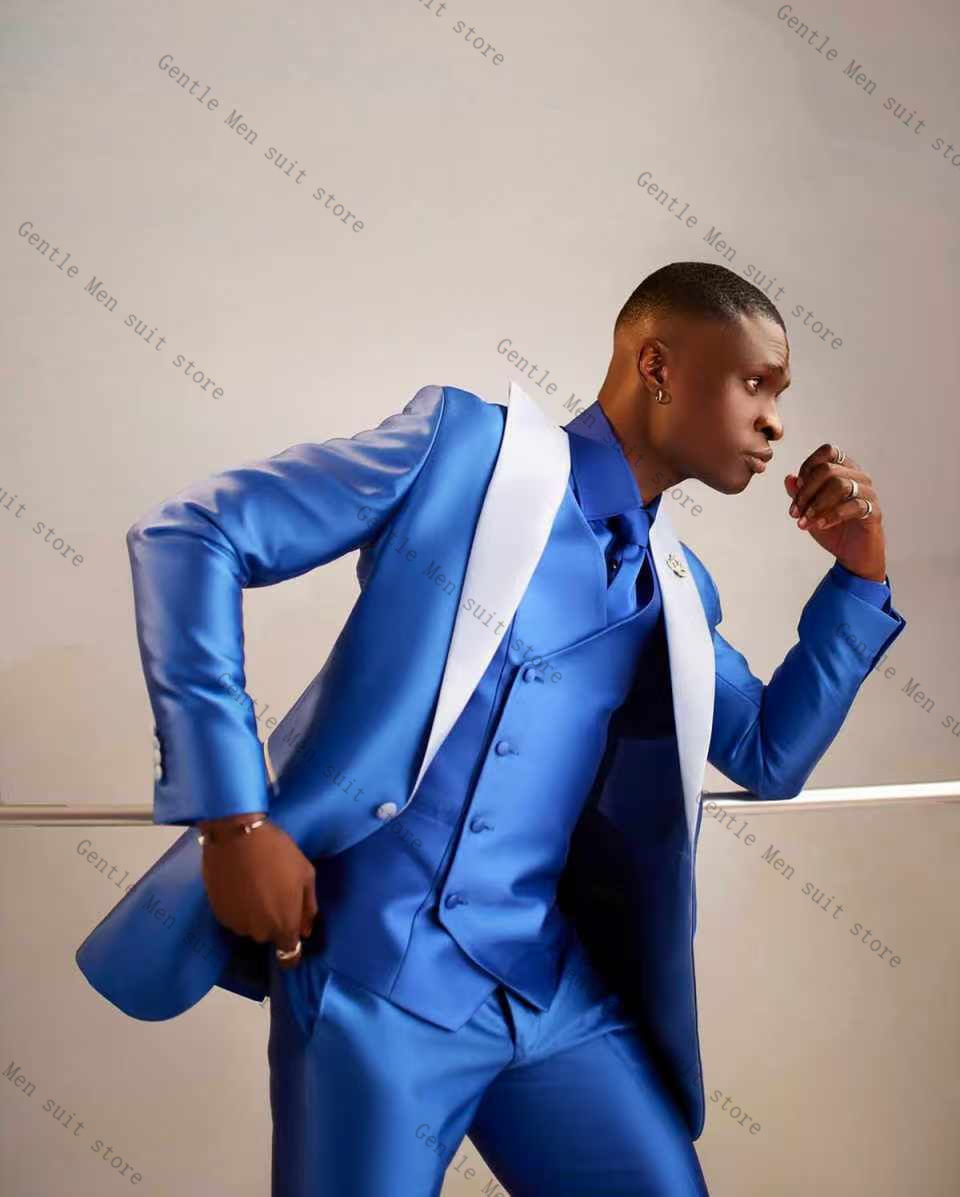Light Blue Satin Men Suit Set  - огляд і ціна Men Formal Wear Blue