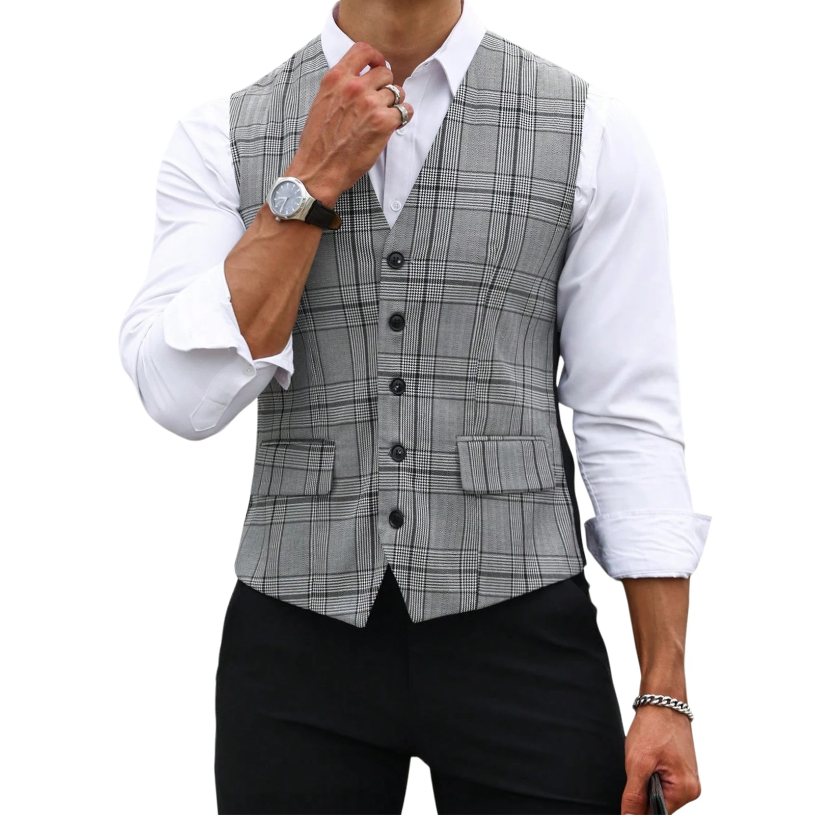 Men Grey Plaid Suit Vest Slim  - огляд і ціна Formal Vest Waistcoat